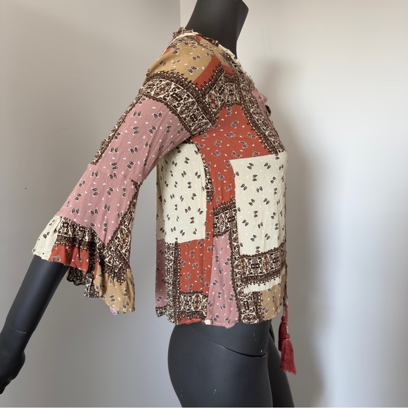 Mystree Boho Patchwork Tassel Tie Blouse – Size Small – 100% Rayon - Picture 5 of 7